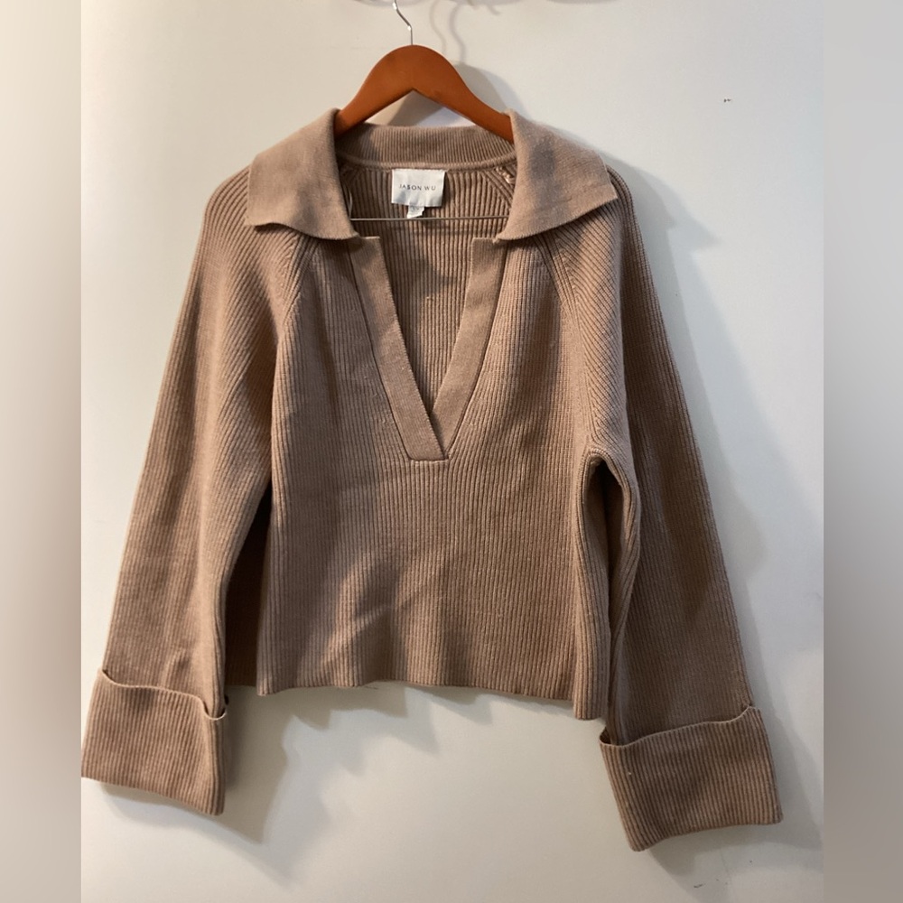 Jason Wu Neutral Ribbed V-Neck Polo Sweater size L
